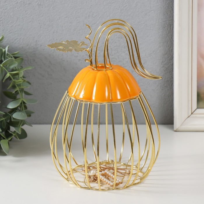 Сувенир вазон металл, керамика Сувенир вазон металл, керамика "Тыква с листочком" оранжевая с золотом 14,3х14,3х21 см
