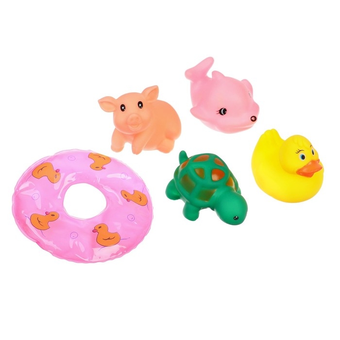Набор резиновых игрушек для ванны &laquo;Зверята с кругом&raquo;, с пищалкой, 5 шт, виды МИКС, Крошка Я