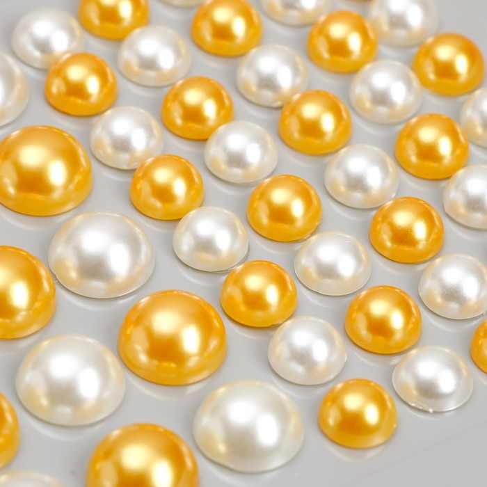 Наклейка пластик стразы "Полужемчужины разных размеров" белые и оранжевые9,5х11 см