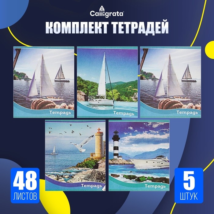 Комплект тетрадей из 5 штук (4 разные + 1 повторяющаяся), 48 листов в клетку Calligrata Комплект тетрадей из 5 штук (4 разные + 1 повторяющаяся), 48 листов в клетку Calligrata "Корабли", обложка мелованная бумага, блок №2, белизна 75% (серые листы)