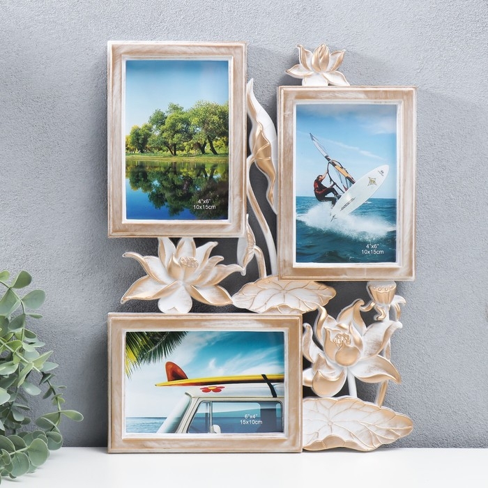 Фоторамка пластик на 3 фото 10х15 см Фоторамка пластик на 3 фото 10х15 см "Лотосы" золотисто-белый 36х27 см