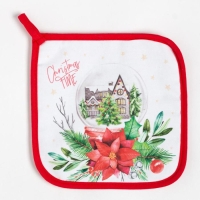 Новый год. Набор кухонный Christmas red flowers варежка-прихватка 20х28см, прихватка 19х19см, 100% хлопок