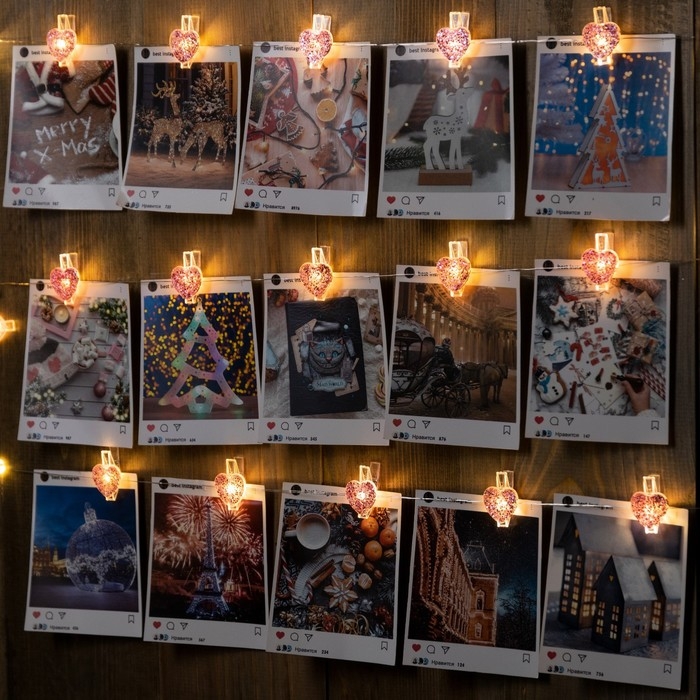 Гирлянда &laquo;Нить&raquo; 2 м роса с насадками &laquo;Прищепки-сердечко&raquo;, IP20, серебристая нить, 20 LED, батарейки ААх2 (не в комплекте), свечение тёплое белое