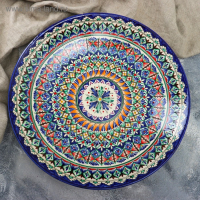 Ляган круглый Риштанская Керамика, 41см, сине-красный, мелкий орнамент Ляган круглый Риштанская Керамика, 41см, сине-красный, мелкий орнамент