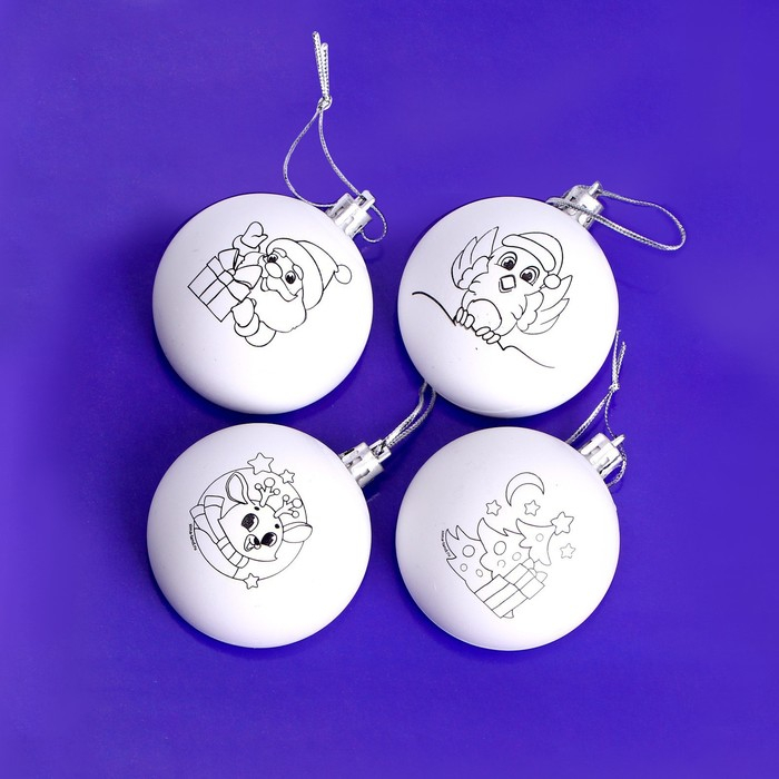 Ёлочные шары под раскраску на новый год &laquo;Новогодняя история&raquo;, краски, 4 шт, новогодний набор для творчества
