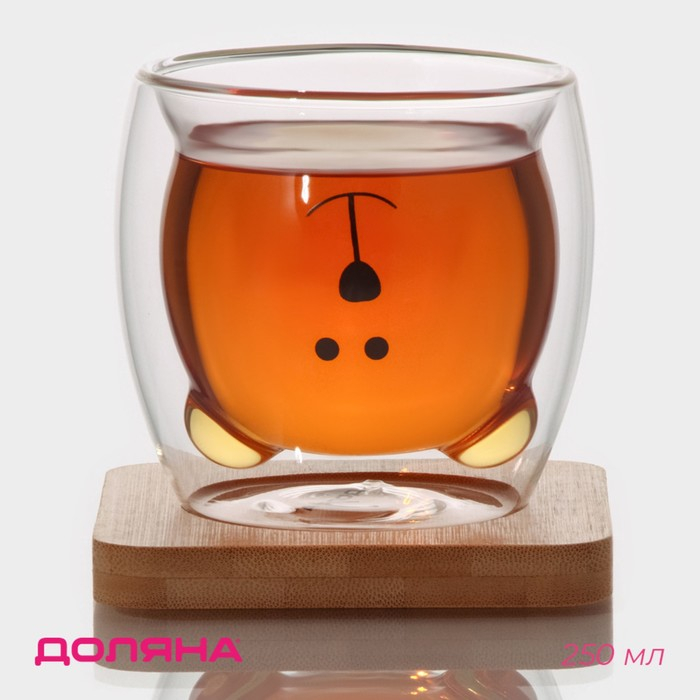 Стакан стеклянный на деревянной подставке Доляна «Вверх дном», 250 мл, 9×9 см Стакан стеклянный на деревянной подставке Доляна «Вверх дном», 250 мл, 9×9 см