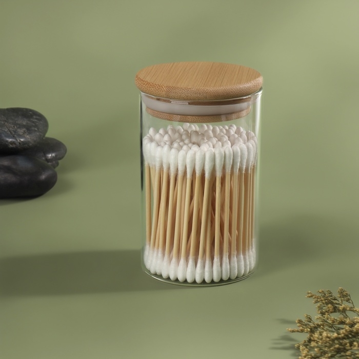 Органайзер для хранения ватных палочек &laquo;BAMBOO&raquo;, с крышкой, d 6,5 &times; 10 см, в картонной коробке, цвет прозрачный/коричневый