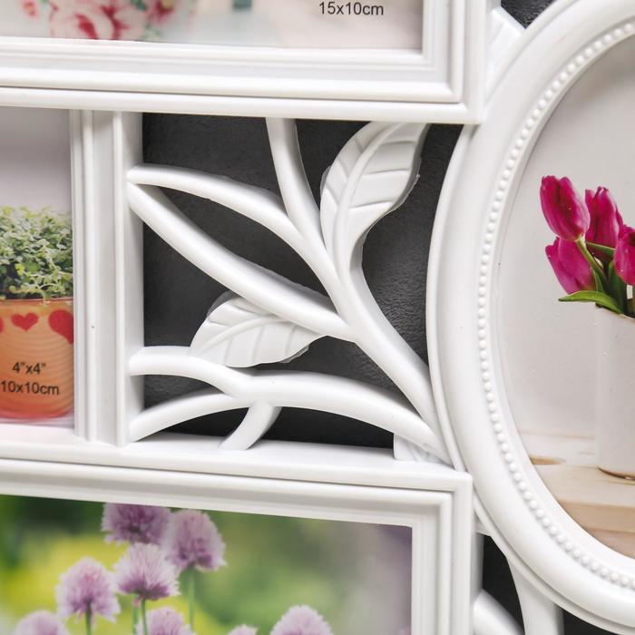 Фоторамка пластик на 7 фото 10х10, 10х15 см Фоторамка пластик на 7 фото 10х10, 10х15 см "Птица и шиповник" белый 33,5х52 см
