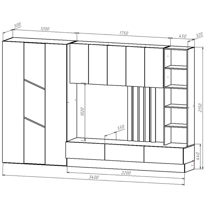 Гостиная Лиза, 3400х550х2150, Сатин/Анкор белый