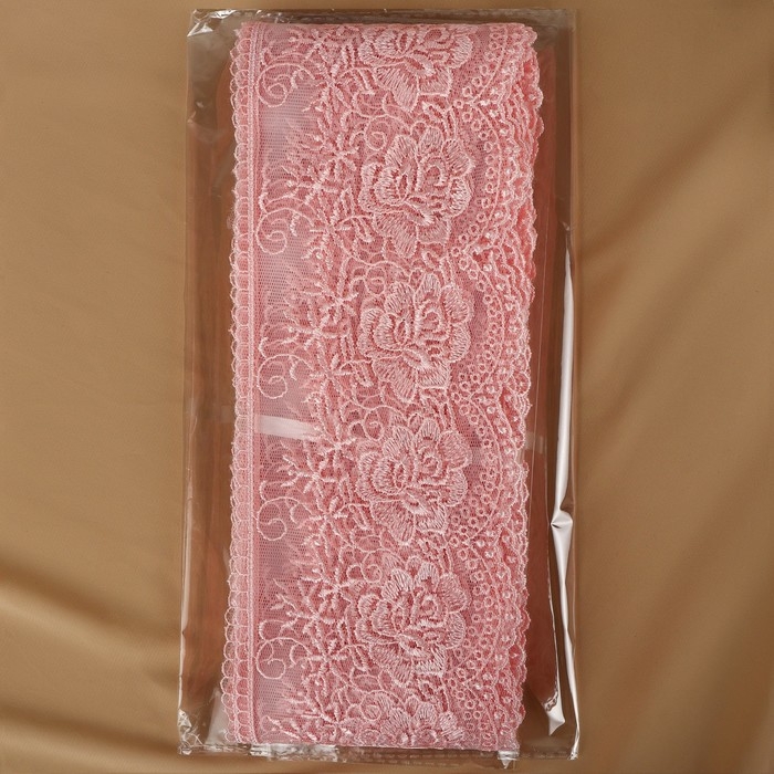 Кружево на сетке, 105 мм &times; 11 &plusmn; 1 м, цвет нежно-розовый