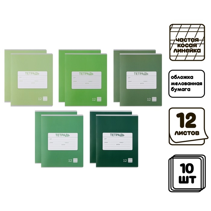 Комплект тетрадей из 10 штук, 12 листов в частую косую линию Calligrata Комплект тетрадей из 10 штук, 12 листов в частую косую линию Calligrata "Однотонная Новая Школьная. Эконом", обложка мелованная бумага, ВД-лак, блок №2, белизна 75% (серые листы), 5 видов по 2 штуки