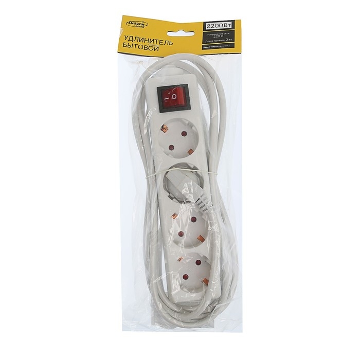 Удлинитель Luazon Lighting, 4 розетки, 3 м, 10 А, 2200 Вт, 3х1.5 мм2, с з/к, с выкл., Б Удлинитель Luazon Lighting, 4 розетки, 3 м, 10 А, 2200 Вт, 3х1.5 мм2, с з/к, с выкл., Б