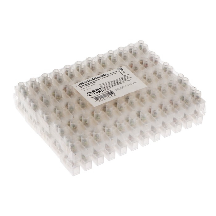 Клеммная колодка винтовая, 12 секций, 2,5-6 мм&sup2;, 10 А, полиэтилен, белый, набор 10 шт.