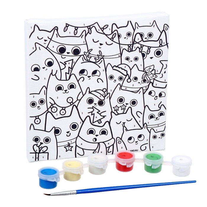 Картина по номерам на новый год на холсте с подрамником &laquo;Новогодние котики&raquo;, 15 х 15 см