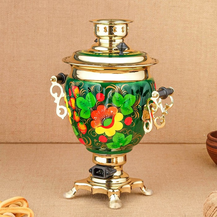 Набор &laquo;Маки на зелёном&raquo;, жёлудь, 3 предмета, самовар 3 л, заварочный чайник 0,7 л, поднос