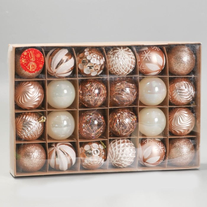 Набор шаров пластик d-6 см, 24 шт Набор шаров пластик d-6 см, 24 шт "Мелодия" ассорти люкс, бело-золотой