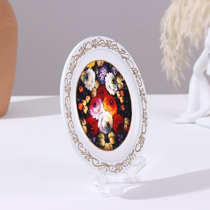 Панно-тарелка &laquo;Жостово&raquo;, белая, D = 14,8 см, лаковая миниатюра