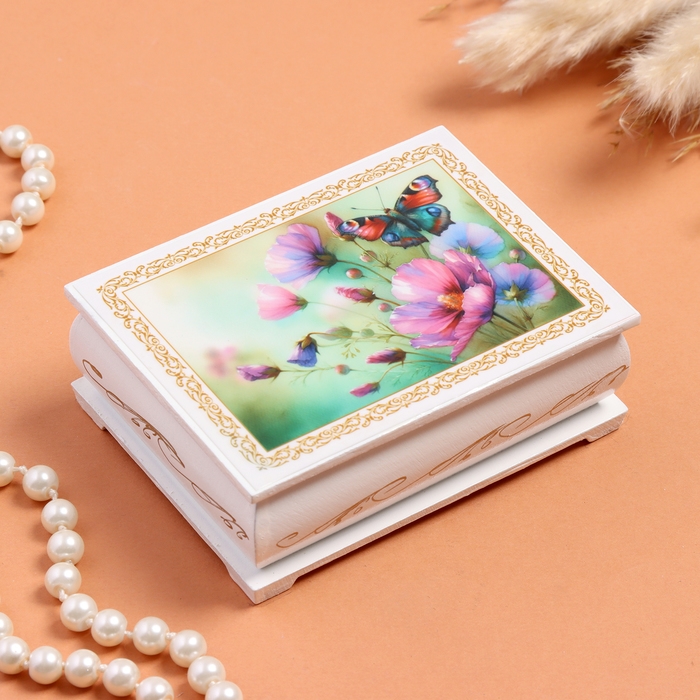 Шкатулка &laquo;Бабочка и цветок&raquo;, белая, 8&times;10,5 см, лаковая миниатюра