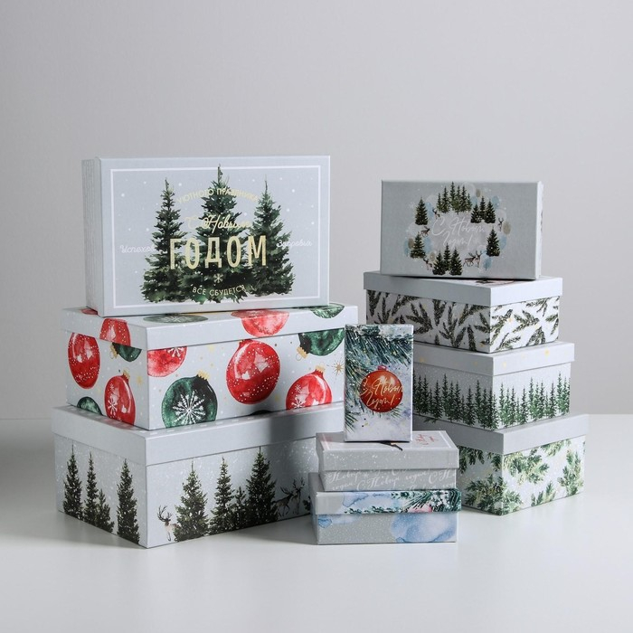 Набор подарочных коробок 10 в 1 &laquo;Акварельный&raquo;, 12 х 7 х 4 - 32.5 х 20 х 12.5 см, Новый год