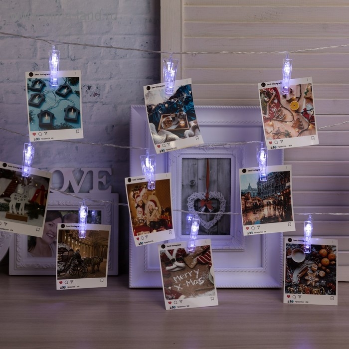 Гирлянда &laquo;Нить&raquo; 4.5 м с насадками &laquo;Прищепки&raquo;, IP20, прозрачная нить, 20 LED, свечение белое 220 В