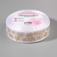 Лента капроновая с тиснением &laquo;Звёзды&raquo;, 25 мм, 23 &plusmn; 1 м, цвет белый/золотой