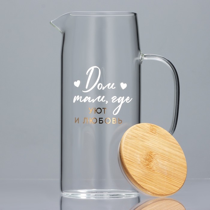 Кувшин стеклянный с бамбуковой крышкой &laquo;Дом&raquo;, 1000 мл, с крышкой