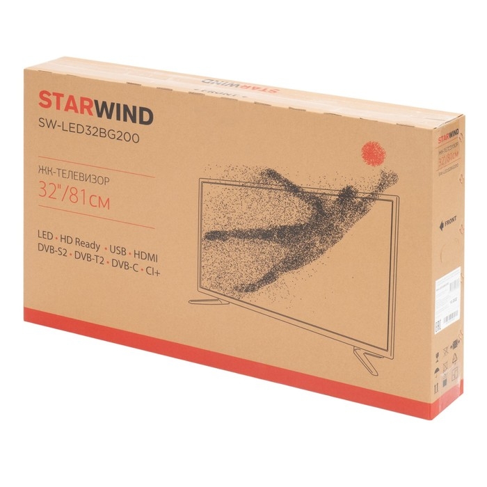 Телевизор Starwind SW-LED32BG200, 32", 1366x768, DVB-T2/C/S2, HDMI 2, USB 1, черный