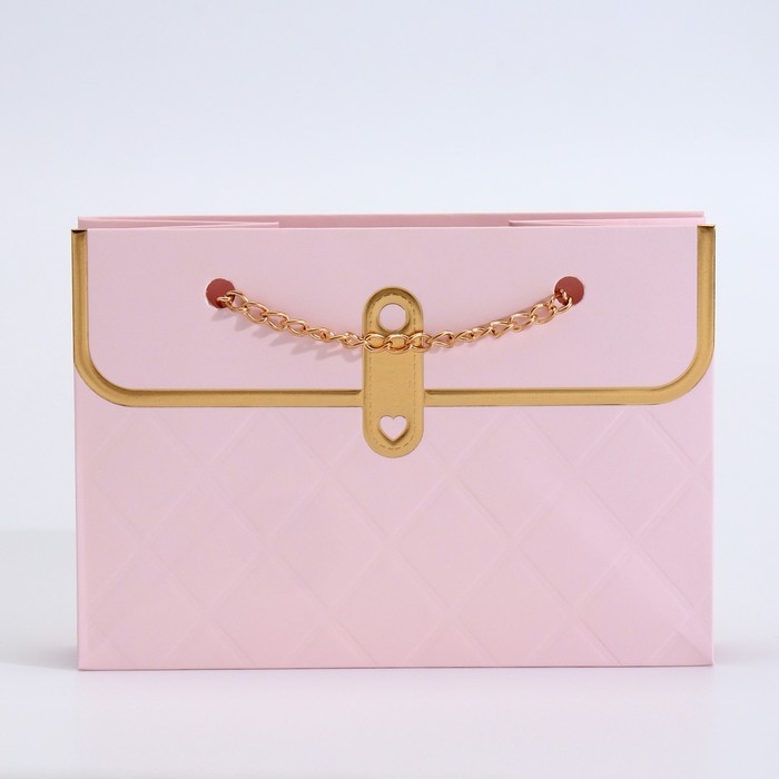 Пакет для цветов, ручка цепь, "Розовый", с золотым тиснением, 15 х 10,5 х 10 см