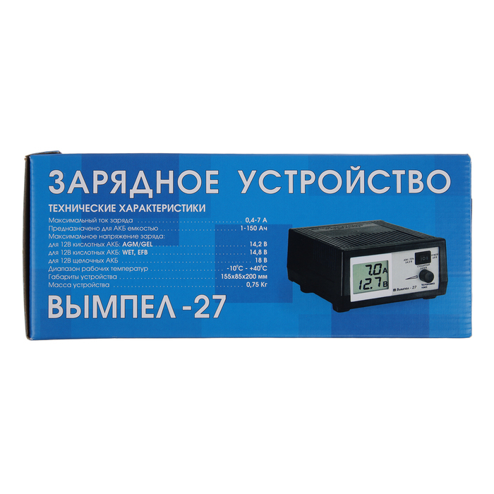 Зарядное устройство АКБ "Вымпел-27", 0.6-7 А, 12 В, для гелевых, кислотных и AGM АКБ