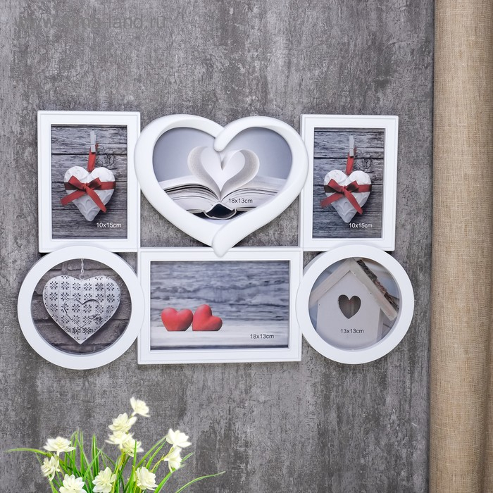 Фоторамка пластик на 6 фото 13х13 см 10х15 см 13х18 см Фоторамка пластик на 6 фото 13х13 см 10х15 см 13х18 см "Семейная" белая 46,5х29,5 см