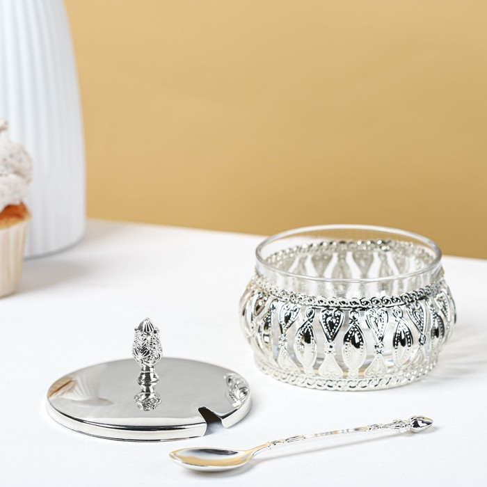 Сахарница &laquo;Ажур&raquo;, 200 мл, 10&times;10 см, с ложкой, цвет металла серебряный