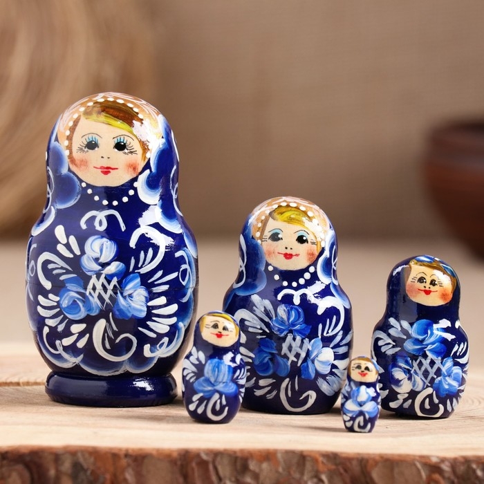 Матрёшка «Гжель», тёмно-синее платье, 5 кукольная, 10 см Матрёшка «Гжель», тёмно-синее платье, 5 кукольная, 10 см