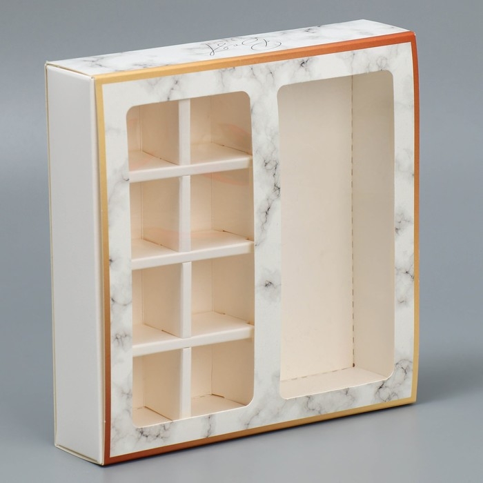 Коробка под 8 конфет и шоколад с ячейками, кондитерская упаковка, &laquo;Мрамор&raquo; 18 х 18 х 4 см