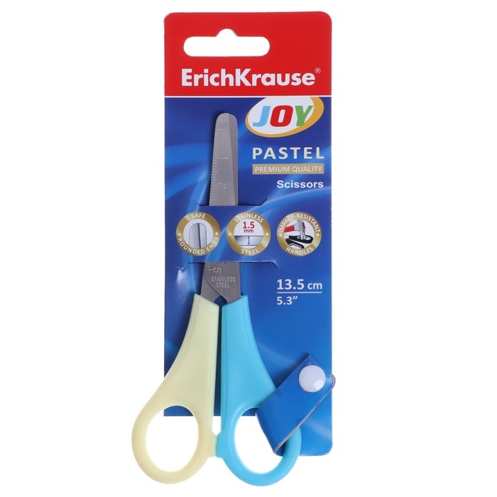 Ножницы детские ErichKrause Joy Pastel, 13.5 см, с закруглёнными концами лезвий и линейкой, блистер, МИКС