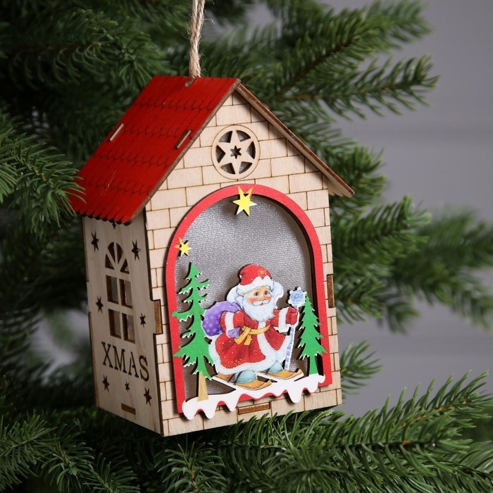 Ёлочная игрушка &laquo;Домик с Дедом Морозом&raquo;, от батареек, свечение тёплое белое
