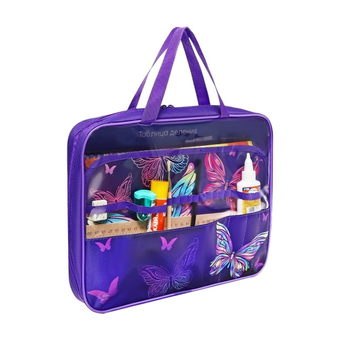 Папка для труда А4, 335 х 260 х 60 мм, с ручками текстиль, ПВХ, с наполнением 13 предметов, Calligrata, ПТР-111, Папка для труда А4, 335 х 260 х 60 мм, с ручками текстиль, ПВХ, с наполнением 13 предметов, Calligrata, ПТР-111, "Бабочки"