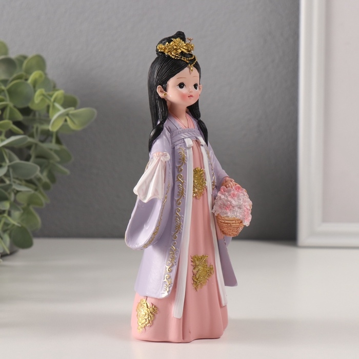 Сувенир полистоун "Девочка в кимоно с платочком и корзиной цветов" розовый 5х7,5х18 см