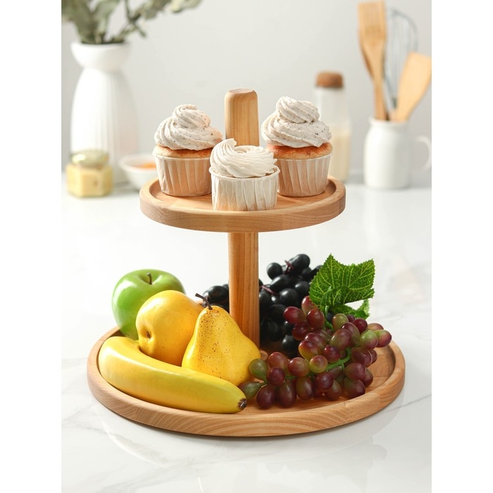 Двухъярусная подставка Adelica, d=32×20×1,8 см, высота 27 см, массив берёзы, пропитано маслом Двухъярусная подставка Adelica, d=32×20×1,8 см, высота 27 см, массив берёзы, пропитано маслом