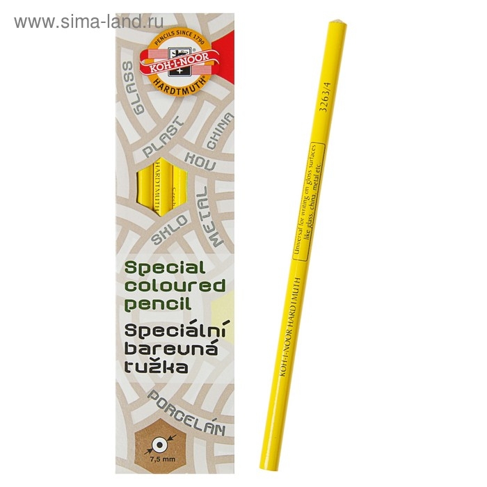 Карандаш незаточенный 4.3 мм, Koh-I-Noor 3263/4, по стеклу, металлу, пластику, жёлтый, L=175 мм