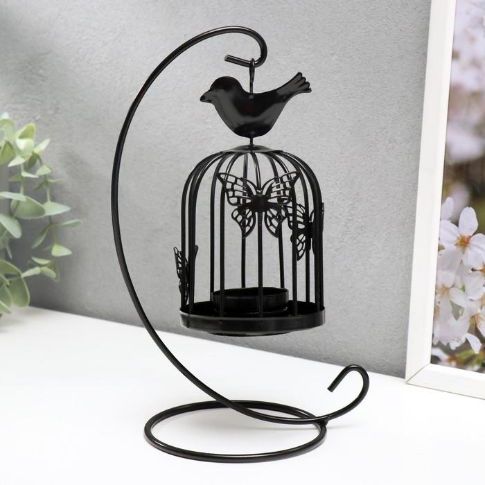 Подсвечник металл "Клетка с птичкой" черный, 23х10х10 см