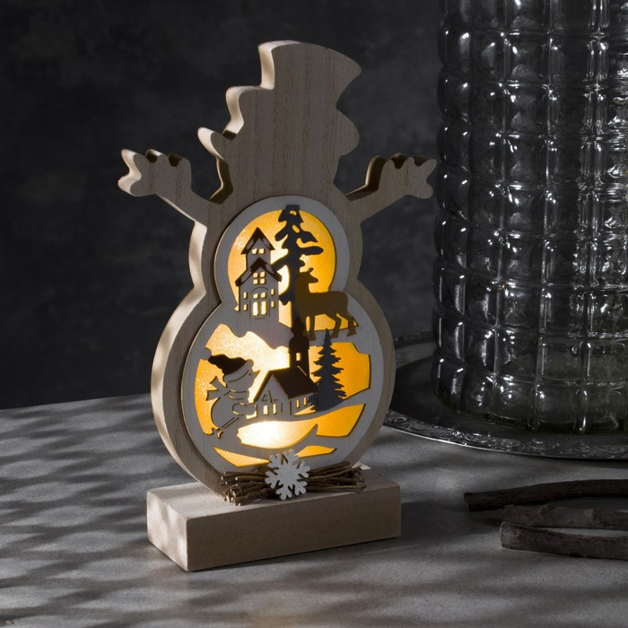 Светодиодная фигура &laquo;Снеговичок&raquo; 12 &times; 23 &times; 5 см, дерево, батарейки АААх2 (не в комплекте), свечение тёплое белое