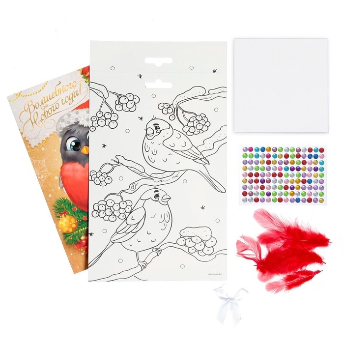 Аппликация на новый год перьями и стразами &laquo;Снегирь&raquo;, новогодний набор для творчества