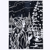 Гравюра на новый год &laquo;Девушка с кофе&raquo;, с эффектом золото, А4