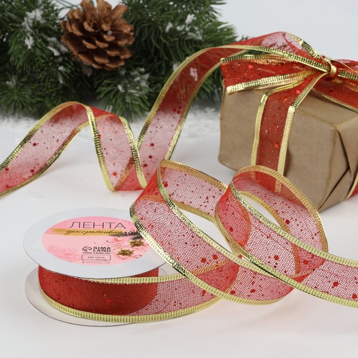 Новый год! Лента капроновая с металлической нитью &laquo;Блёстки&raquo;, 25 мм &times; 2,7 &plusmn; 0,5 м, цвет красный/золотой