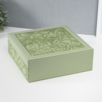 Шкатулка кожзам для украшений "Цветы" тиснение, серо-зелёная 25х25х8 см