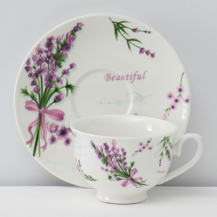 Сервиз фарфоровый кофейный Доляна &laquo;Лаванда&raquo;, 12 предметов: 6 чашек 80 мл, 6 блюдец d=11,5 см, цвет белый