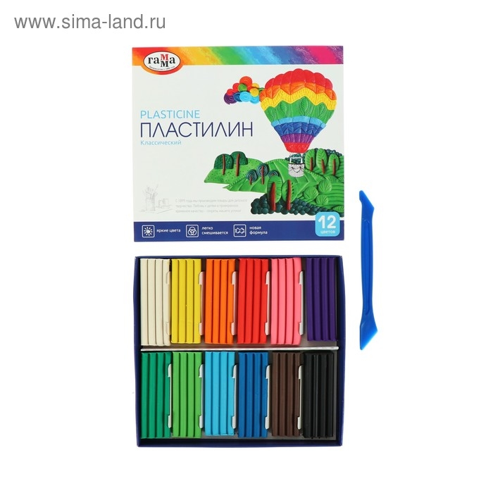 Пластилин 12 цветов 240 г, Пластилин 12 цветов 240 г, "Гамма" "Классический", со стеком