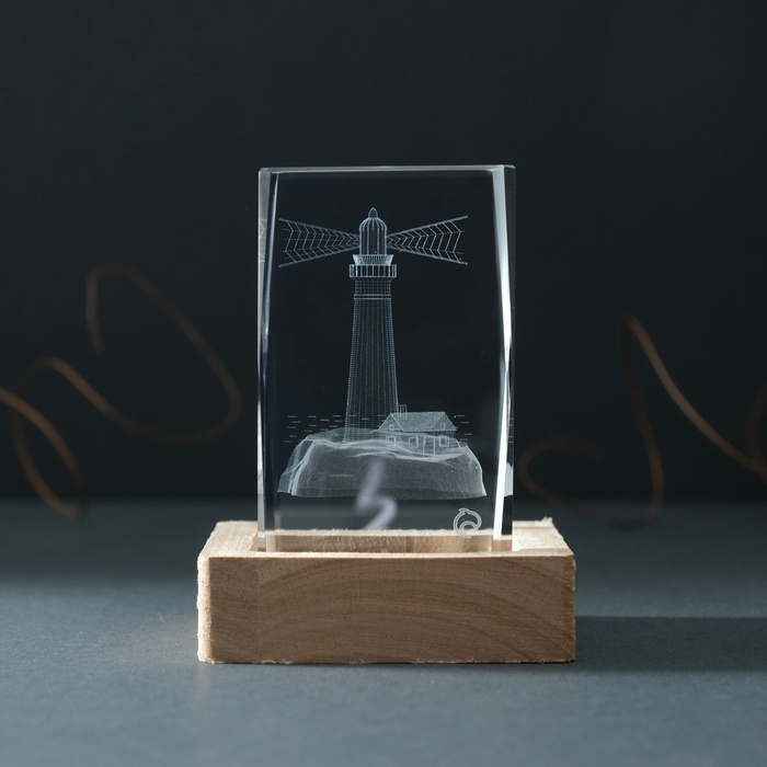 Сувенир стекло подсветка Сувенир стекло подсветка "Прямоугольник. Маяк" подставка дерево, USB 7х7х10