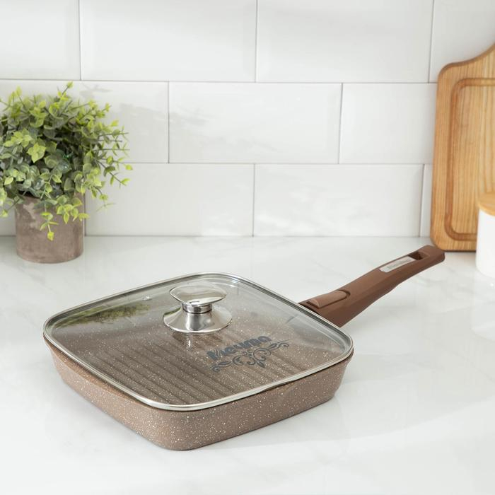 Сковорода-гриль &laquo;Гранит&raquo;, 24&times;24 см, съёмная ручка, стеклянная крышка, антипригарное покрытие, цвет коричневый
