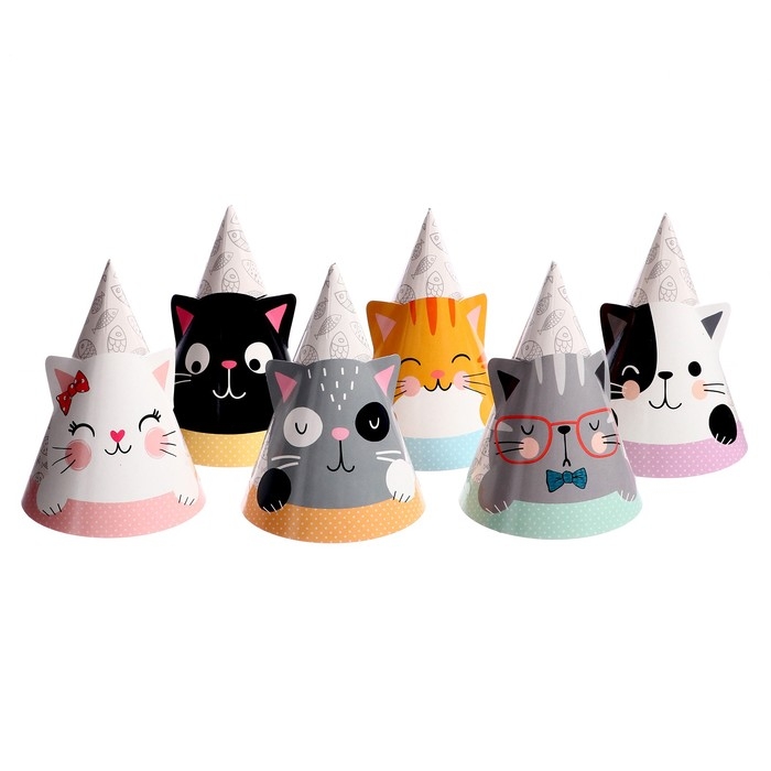 Колпак бумажный «Кошки с ушками», в наборе 6 штук Колпак бумажный «Кошки с ушками», в наборе 6 штук
